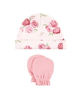 Hudson Baby Baby Girls Hudson Cotton Cap and Scratch Mitten Set, Blush Rose Leopard, 0-6 Months