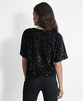 Dkny Women's Round-Neck Stretch Velvet Short-Sleeve Sequin Top