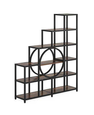 Tribesigns 16 Shelves Bookshelf Set of 2, Industrial Freestanding Ladder Corner Bookshelf 12 Cubes Stepped Etagere Bookcase, Rustic 6 Tier Display She