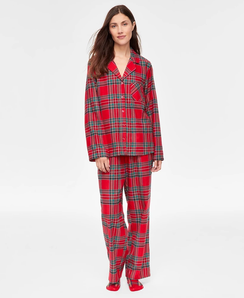 Family Pajamas Women's 2-Pc. Brinkley Cotton Plaid Notch-Collar Holiday Pajamas, Created for Macy's