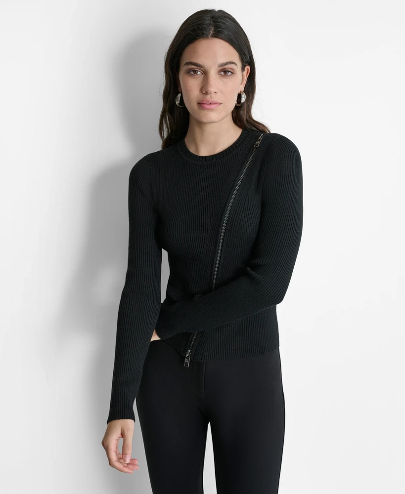 Dkny Women's Ribbed Asymmetrical-Zip Sweater