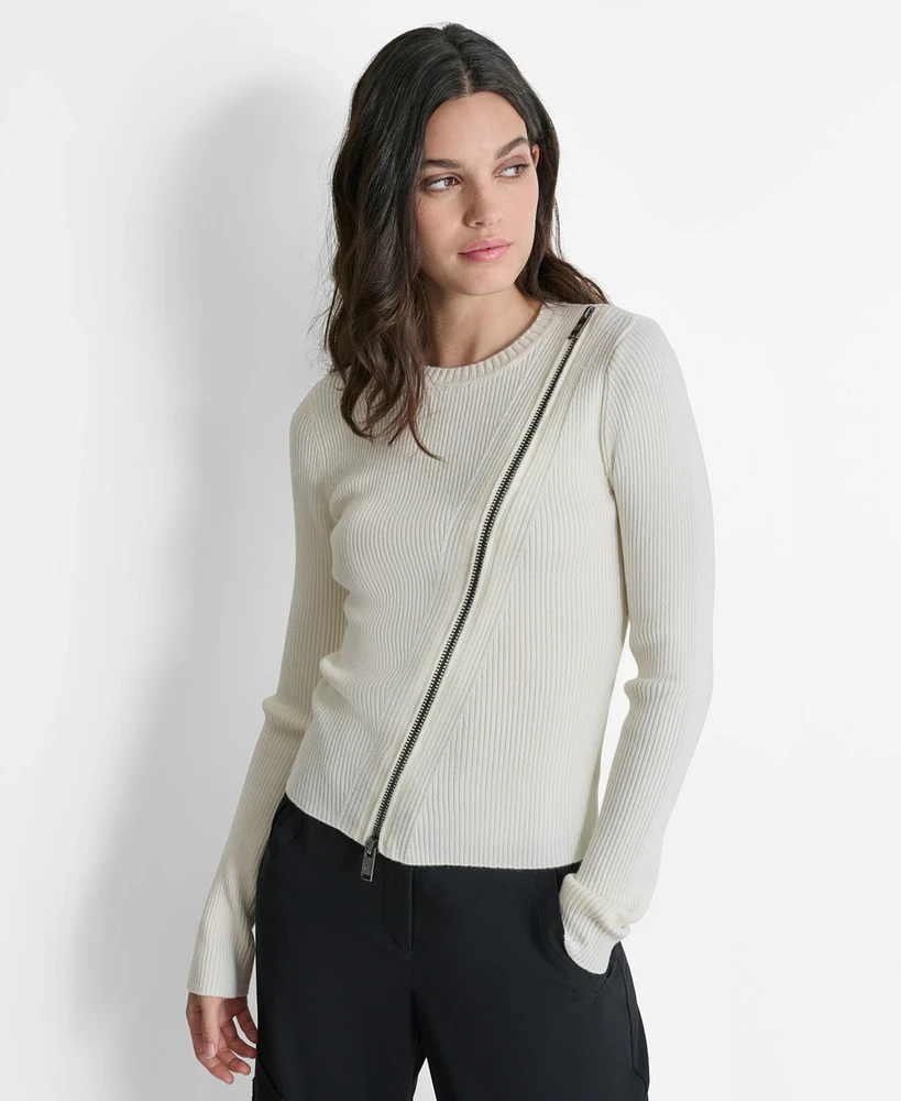 Dkny Women's Ribbed Asymmetrical-Zip Sweater