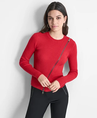 Dkny Women's Ribbed Asymmetrical-Zip Sweater