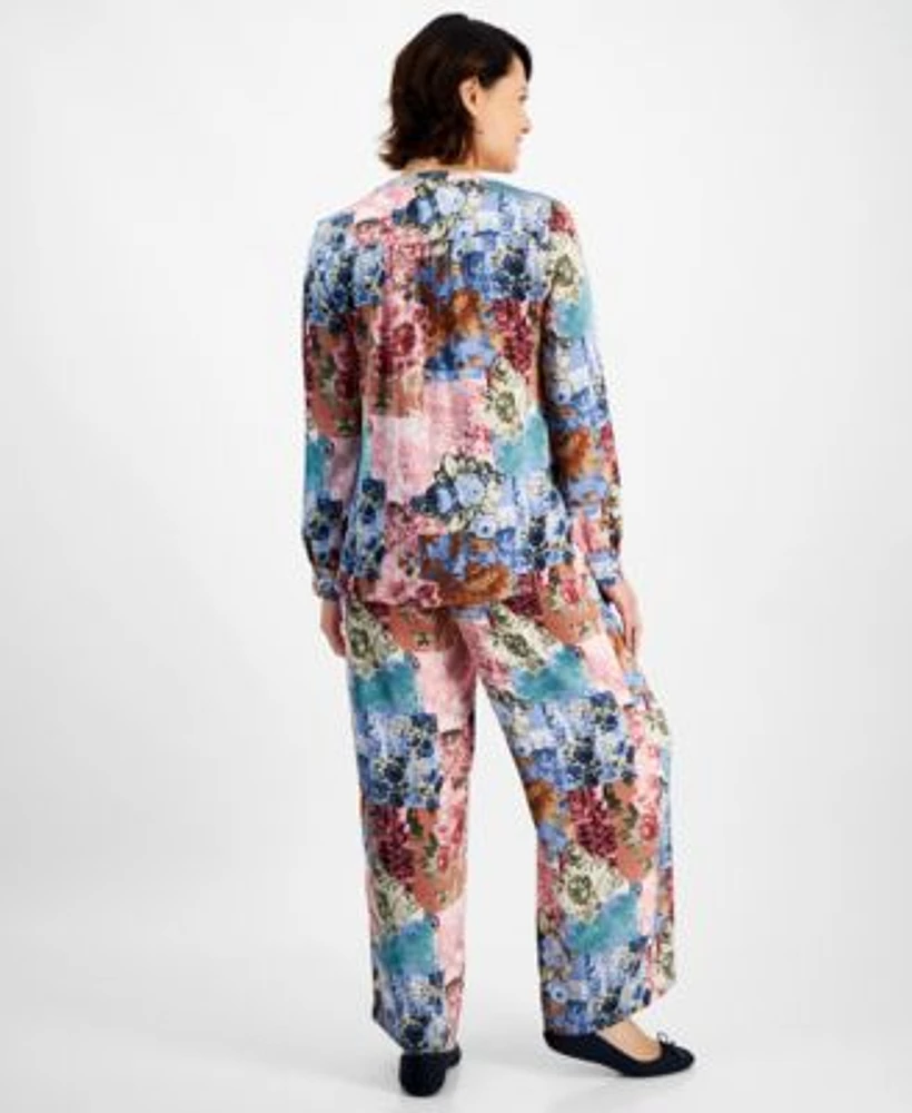 Jm Collection Womens Printed Split Neck Blouse Printed Satin Pants Created For Macys
