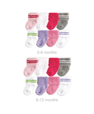 Luvable Friends Baby Girls Grow with Me Cotton Terry Socks, Pink Stripe, 0-6 and 6-12 Months