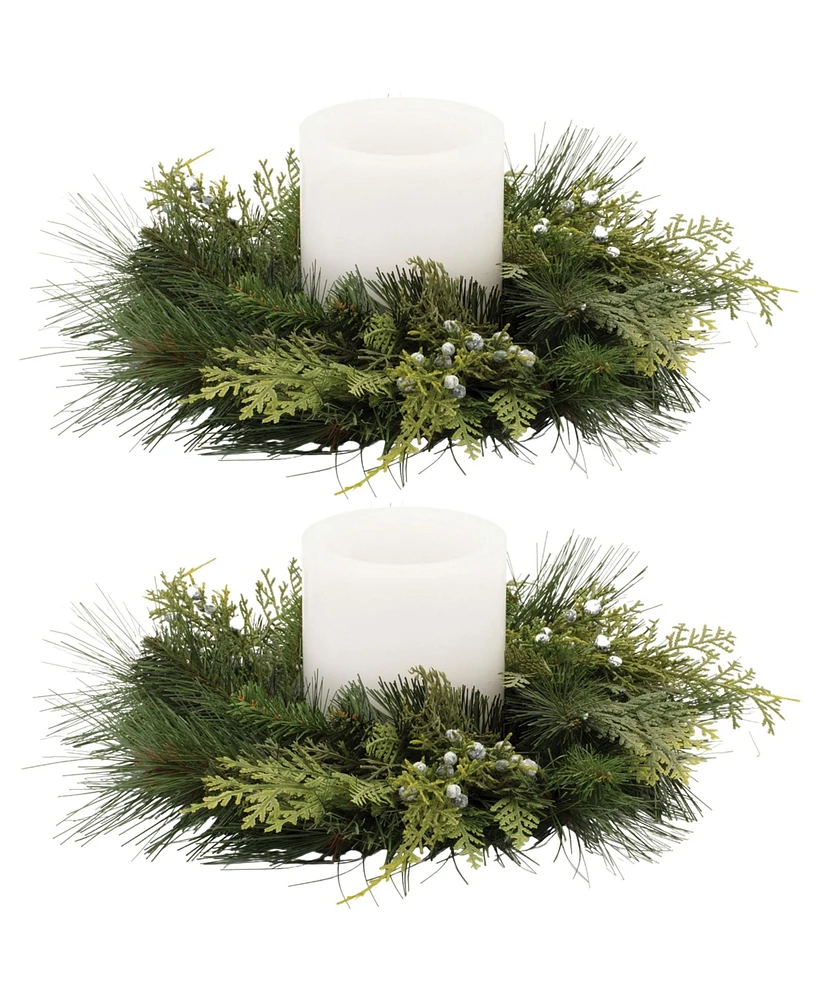 Mixed Pine Candle Ring Set of 2 – Rustic Holiday Decor with Faux Pine Needles