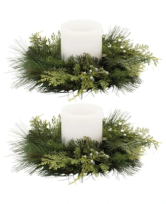 Mixed Pine Candle Ring Set of 2 – Rustic Holiday Decor with Faux Pine Needles