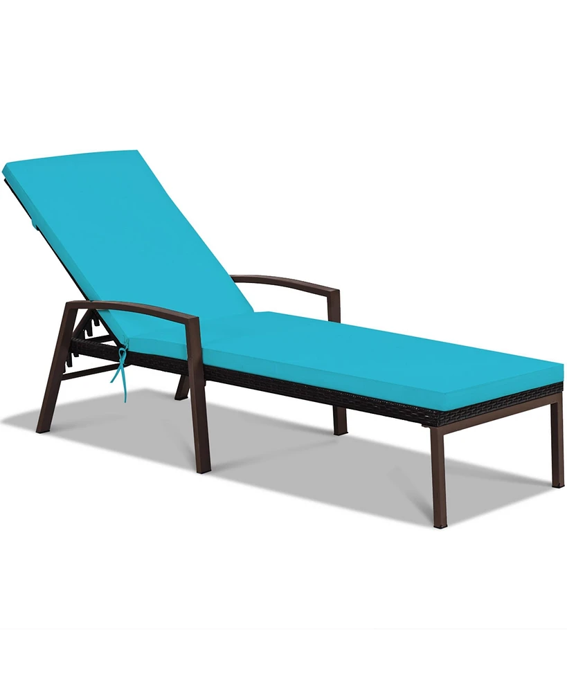 Gymax Adjustable Rattan Chaise Recliner Lounge Chair Patio Outdoor w/ Turquoise Cushion