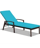 Gymax Adjustable Rattan Chaise Recliner Lounge Chair Patio Outdoor w/ Turquoise Cushion