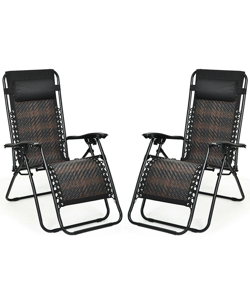 Gymax Set of 2 Folding Rattan Patio Zero Gravity Lounge Chair Recliner w/ Headrest