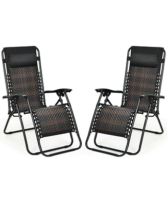 Gymax Set of 2 Folding Rattan Patio Zero Gravity Lounge Chair Recliner w/ Headrest