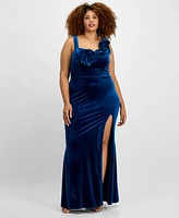 City Studios Trendy Plus Velvet Floral-Trim Gown