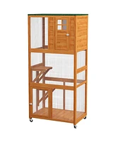 PawHut 74" Wooden Outdoor Cat House Catio Outdoor Cat Enclosure, Orange