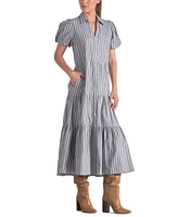 Elan Women's Poplin Striped Button-Front Puff-Sleeve Dress