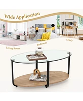 Givimo 2-Tier Glass-Top Oval Coffee Table with Wooden Shelf for Living Room