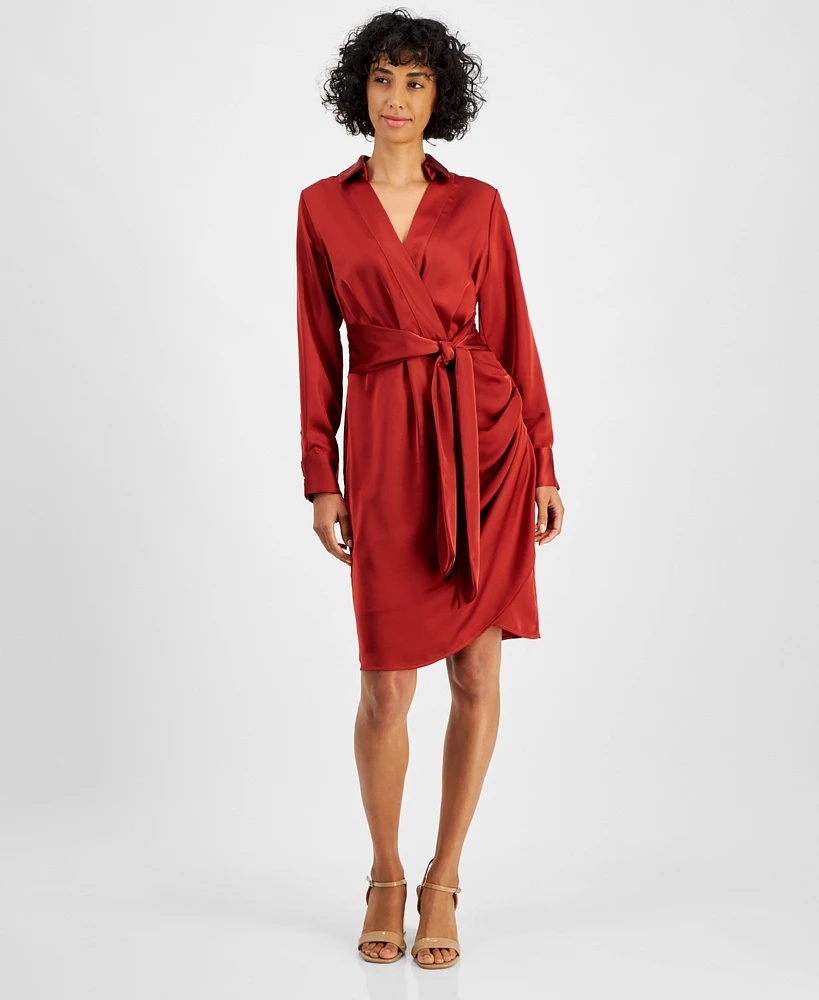 Tahari Asl Women's Collared Long-Sleeve Wrap Dress