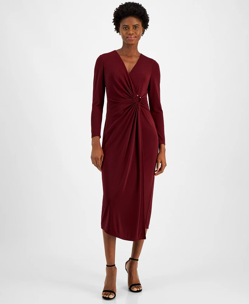 Anne Klein Women's V-Neck Side-Ruched Jersey Midi Dress