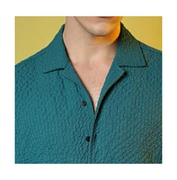 Men's Teal Green Self-Design Creased Striped Shirt