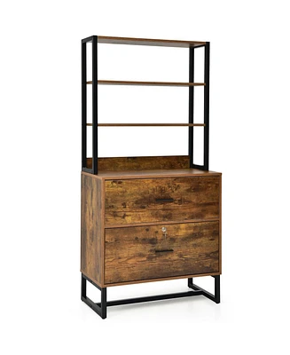 Sugift Letter Size Lateral File Cabinet with Lock and Bookshelf-Rustic