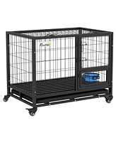 PawHut 36" Dog Crate with Bowl Holder, Wheels for Med/Large Dogs, Black