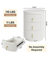 Tribesigns Nightstand with 3 Drawers, No Assembly Bedside Table Night Stand for Bedroom, Modern Round End Side Table with Storage and Gold Handles, Wh