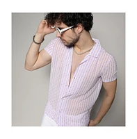 Campus Sutra Men's White & Lavender Balanced Striped Shirt