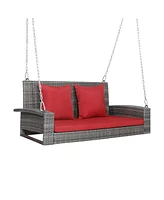 Sugift 2-Person Patio Pe Wicker Hanging Porch Swing Bench Chair Cushion 800 Pounds