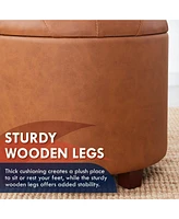 Faux Leather Round Storage Ottoman with Legs and Lift Off Lid