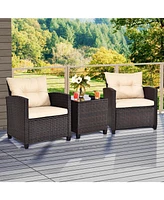 Givimo 3 Pieces Patio Rattan Furniture Set with Washable Cushions and Tempered Glass Tabletop