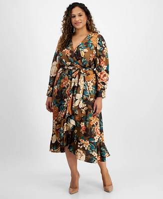 Tahari Plus V-Neck Long-Sleeve Faux-Wrap Midi Dress