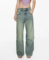 Mango Women's Low Waist Wide Leg Pleated Jeans