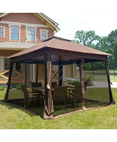 Streamdale Furniture Pop Up Gazebo Canopy With Netting, 2-Tier Soft Top Tent, 11x11FT, Brown