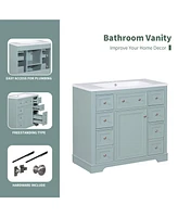 36" Green Bathroom Vanity Cabinet with 1 Door, 6 Drawers, and Shelf