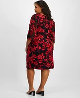 Connected Plus Floral-Print 3/4-Sleeve Faux-Wrap Dress