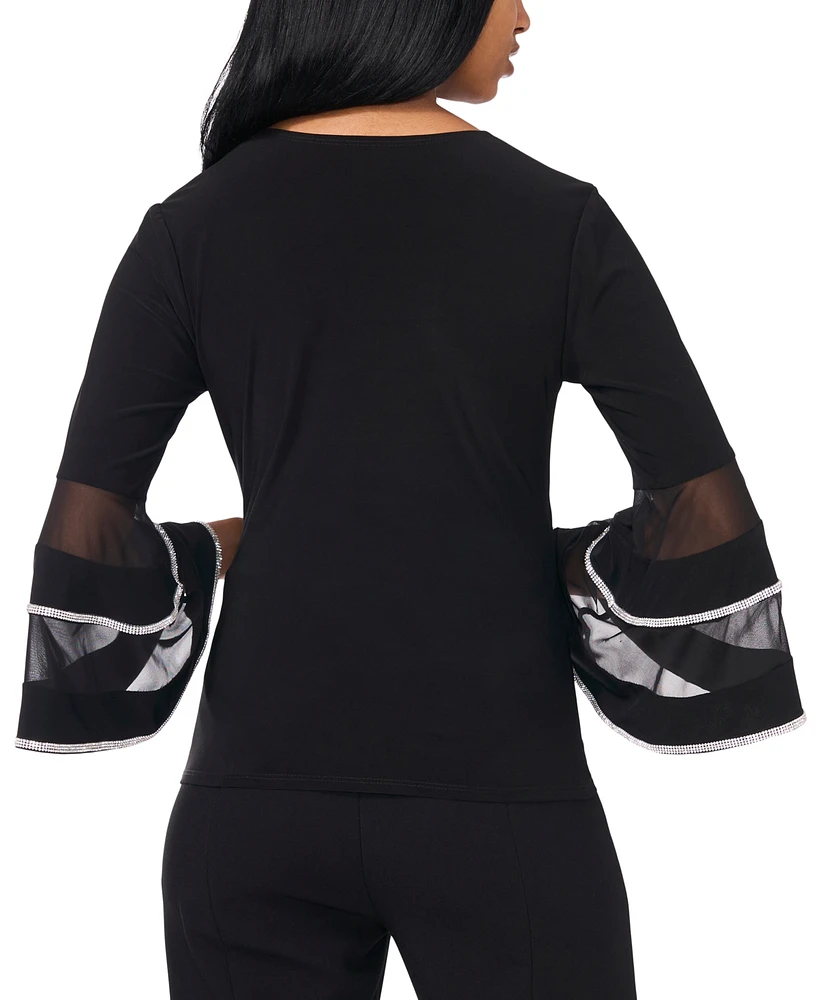 Msk Petite Surplice-Neck Flare-Sleeve Embellished Top