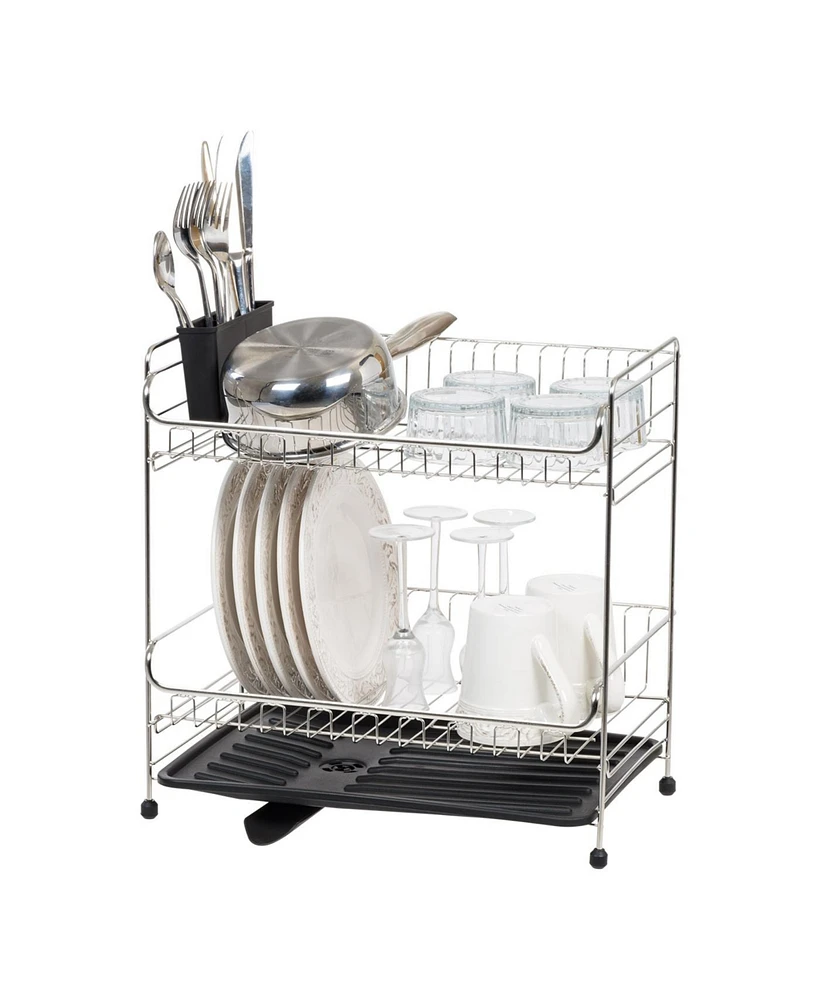 Iris Usa 2-tier Medium-sized Dish Rack with Drain Spout, Dish Rack and Drainer, Black