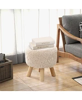 Sugift Round Footstool Ottoman Faux Fur Footrest with Padded Seat and Rubber Wood Legs