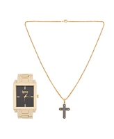 American Exchange Men's Shiny Gold Tone Metal Alloy Analog Watch 36mm with Cross Pendant Necklace Gift Set