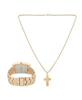 American Exchange Men's Shiny Gold Tone Metal Alloy Analog Watch 36mm with Cross Pendant Necklace Gift Set