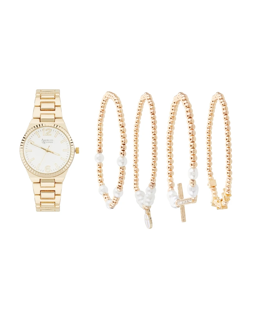 American Exchange Women's Shiny Gold Metal Alloy Analog Watch 33mm with Stackable Bracelets Gift Set