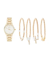 American Exchange Women's Shiny Gold Metal Alloy Analog Watch 33mm with Stackable Bracelets Gift Set