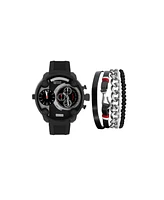 American Exchange Men's Black Rubber Strap Analog Watch 51mm with Stackable Bracelets Gift Set