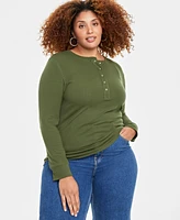 On 34th Plus Ribbed Long-Sleeve Henley Top, Created for Macy's