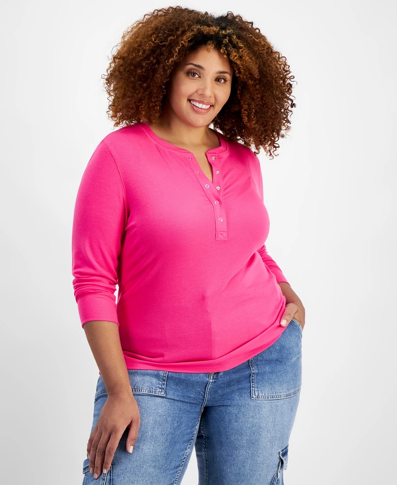 On 34th Plus Ribbed Long-Sleeve Henley Top, Created for Macy's