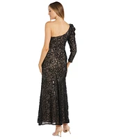 R & M Richards Women's One-Long-Sleeve Floral-Lace Sequin Gown