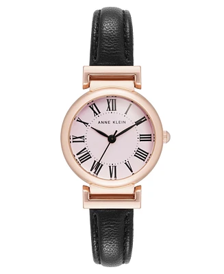 Anne Klein Women's Quartz Black Classic Leather and Rose Gold-Tone Alloy Metal Strap Watch, 28mm