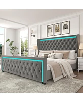 Streamdale Furniture Grey Velvet Platform Bed with Led Headboard