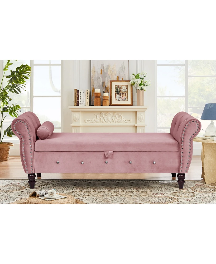 Simplie Fun Velvet Storage Ottoman Bench with Crystal Buckle, Solid Wood Legs, Pillow