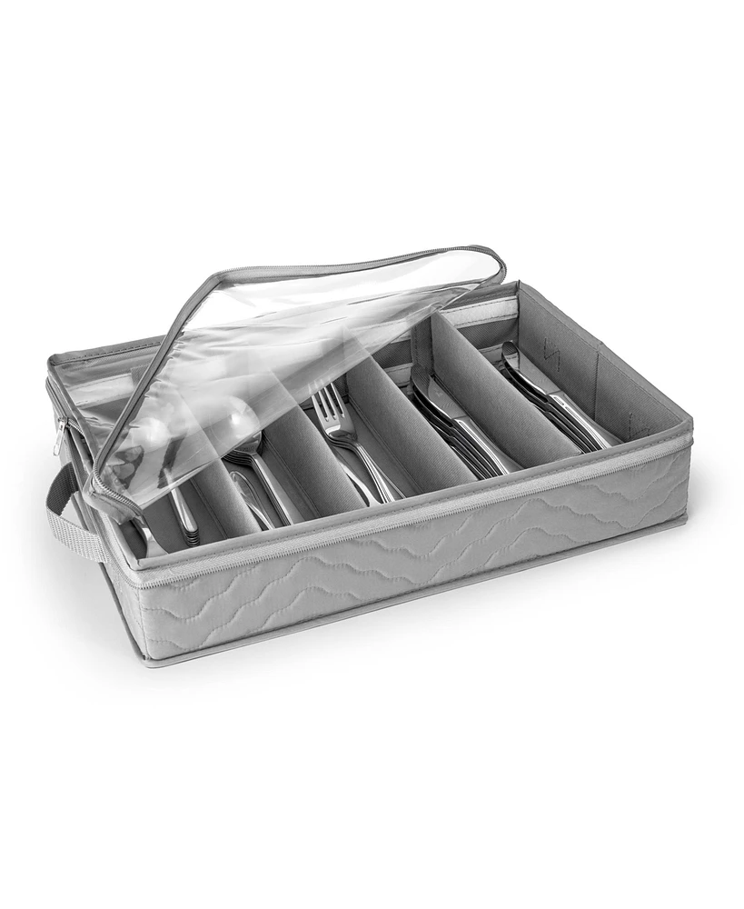 Sorbus Fabric Chest Flatware & Silverware Organizer Box with Zipper Clear Lid & Adjustable Divider (Gray)