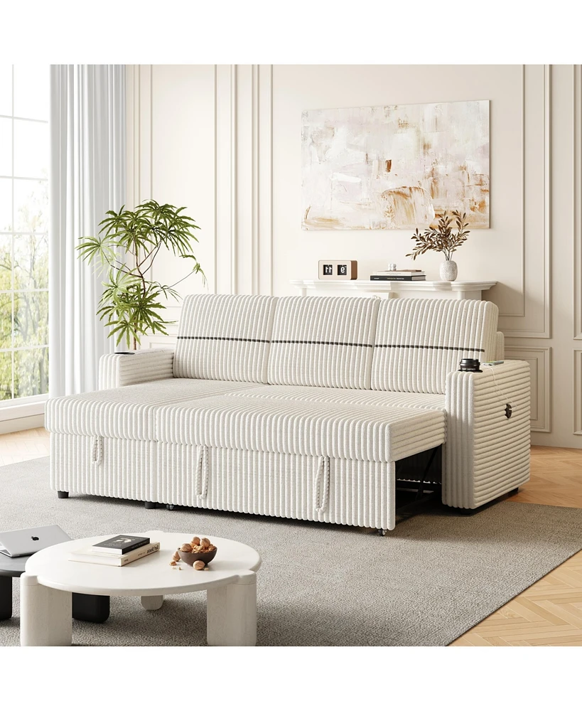 Simplie Fun 85" Corduroy Sofa Bed with Storage, Usb Charging